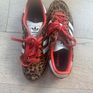 adidas Leopard Print Athletic Shoes with Red and White Accents